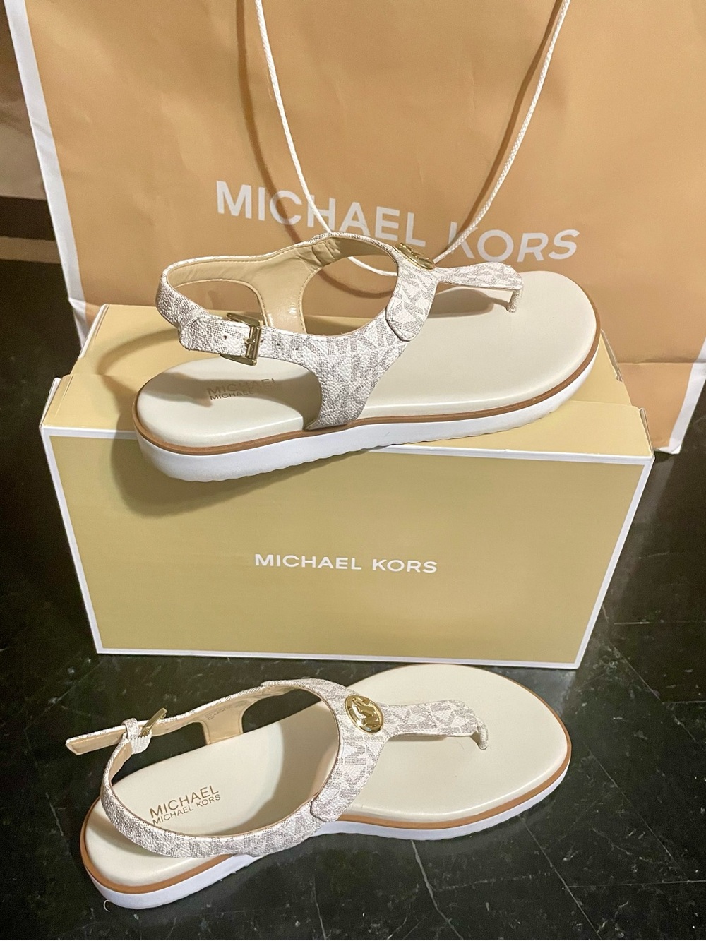 Michael Kors Cream Logo Thong Sandals with Gold Accent